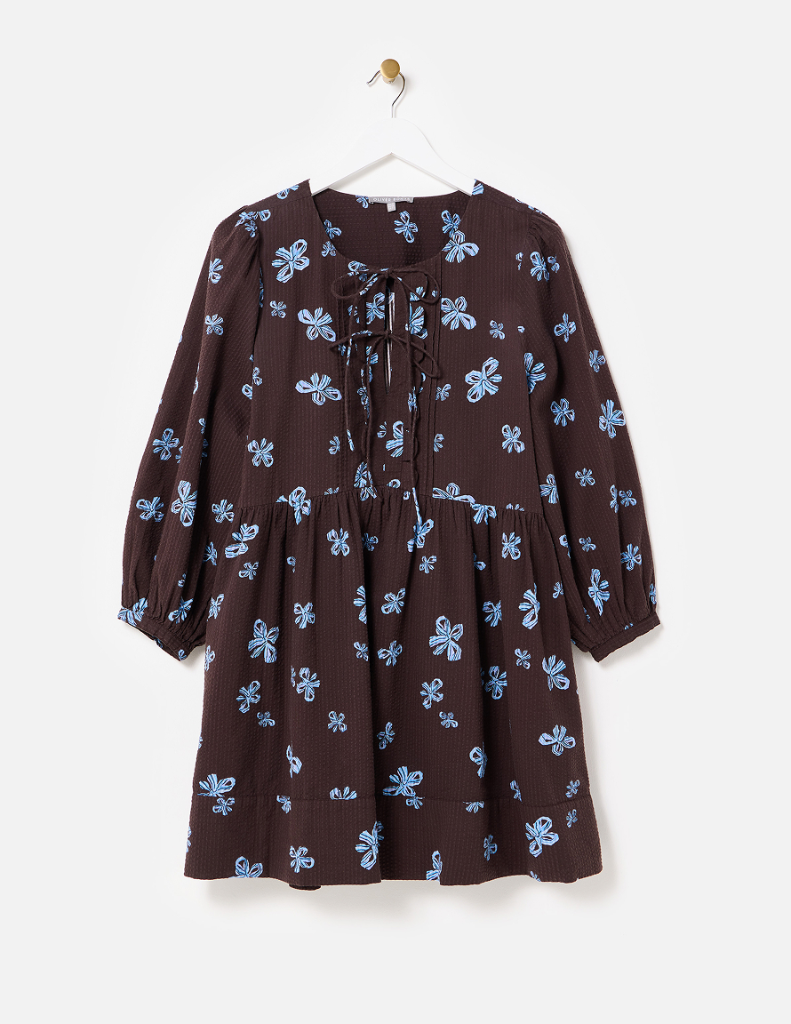 Chocolate Brown & Blue Bow Tie Front Mini Dress