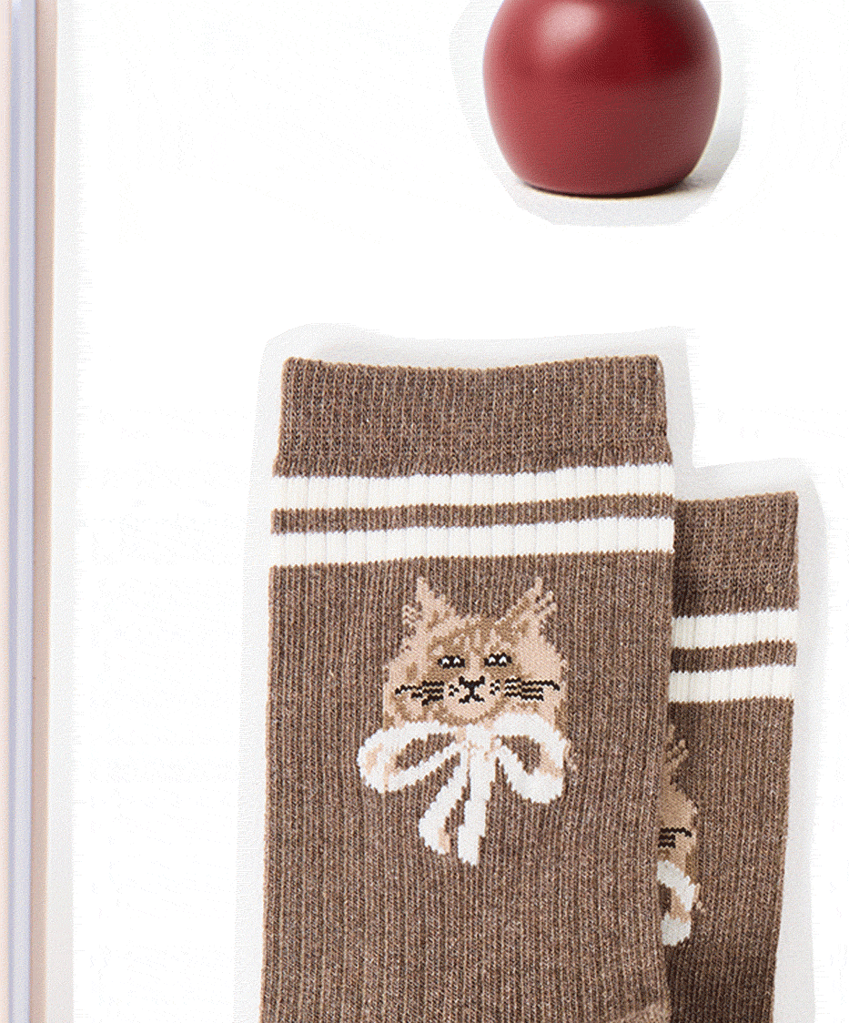 Brown Marl Cat Ribbed Sporty Ankle Socks
