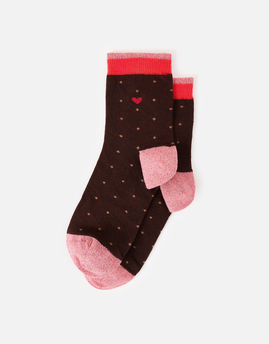 Brown & Red Heart Polka Dot Ankle Socks