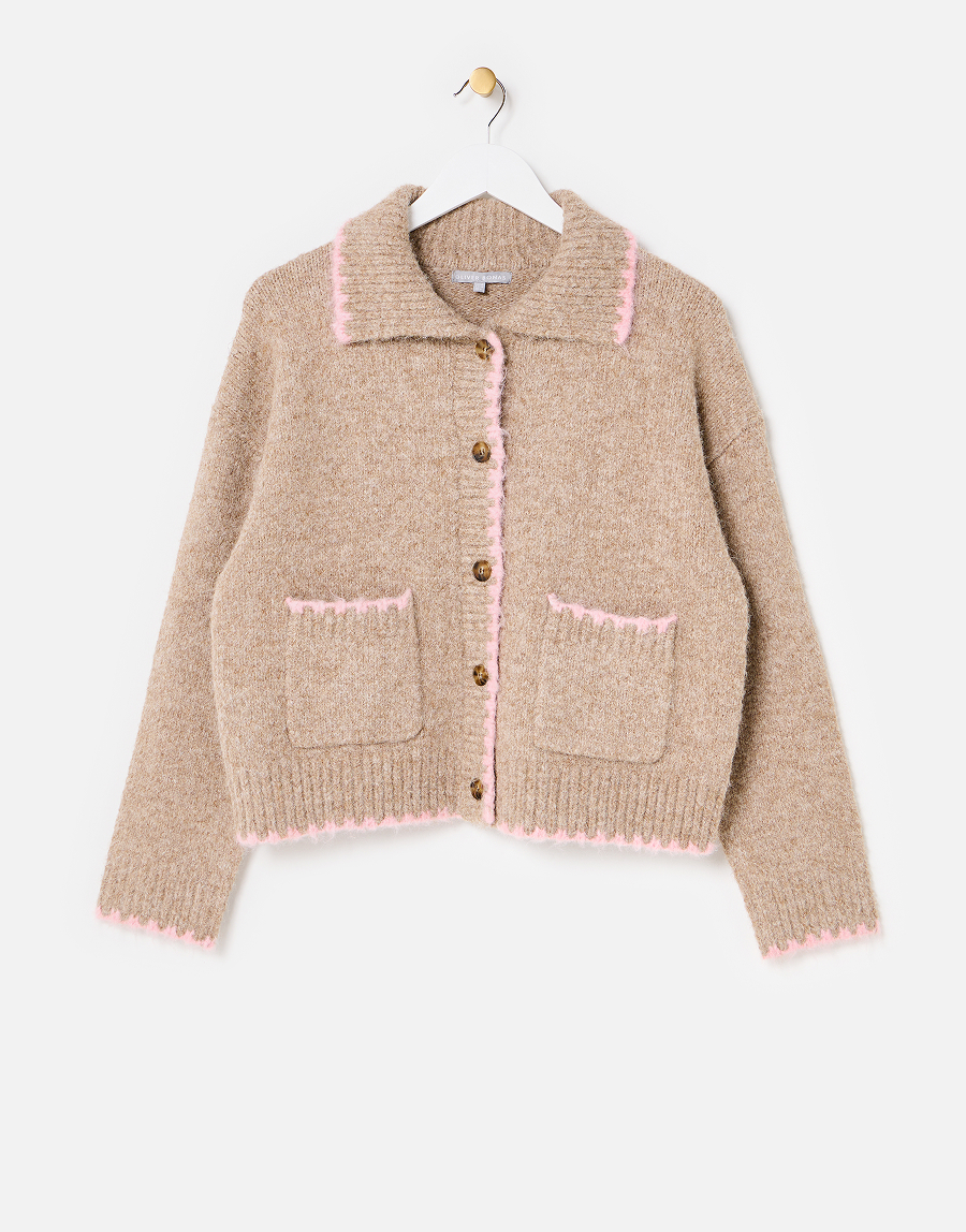 Camel Brown & Pink Blanket Stitch Collared Button Up Knitted Cardigan