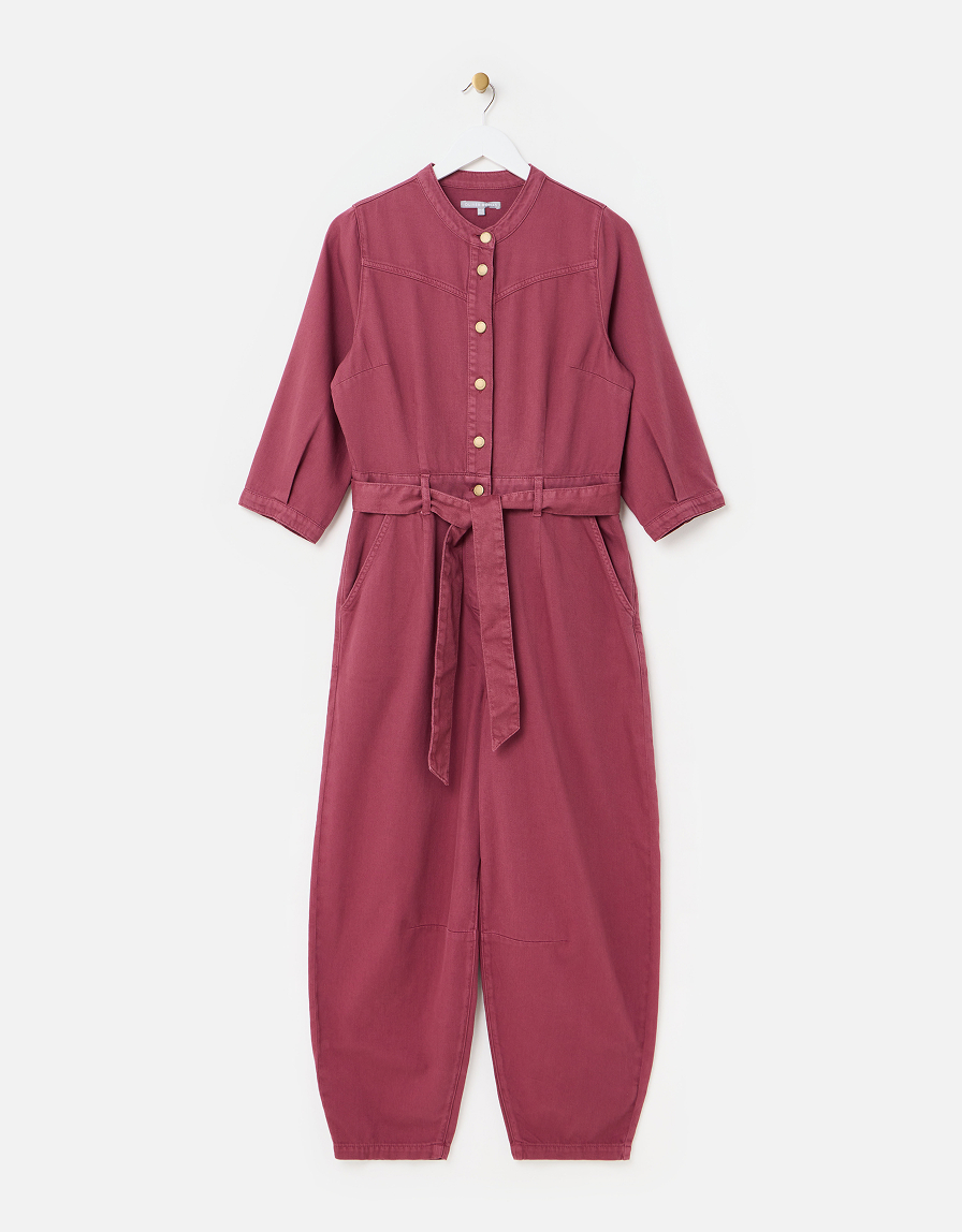 Grape Button Up Tie Waist Denim Jumpsuit