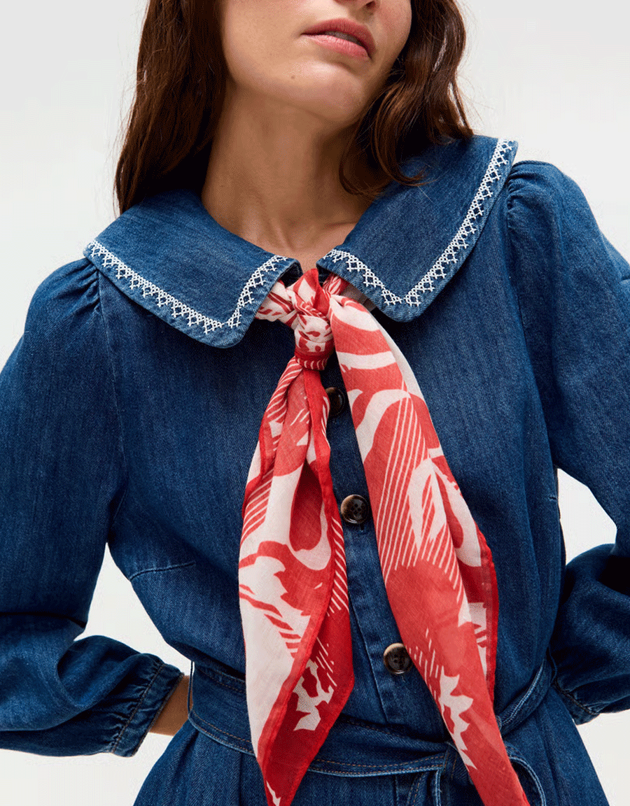 Red & Cream Floral Pinstripe Large Square Scarf
