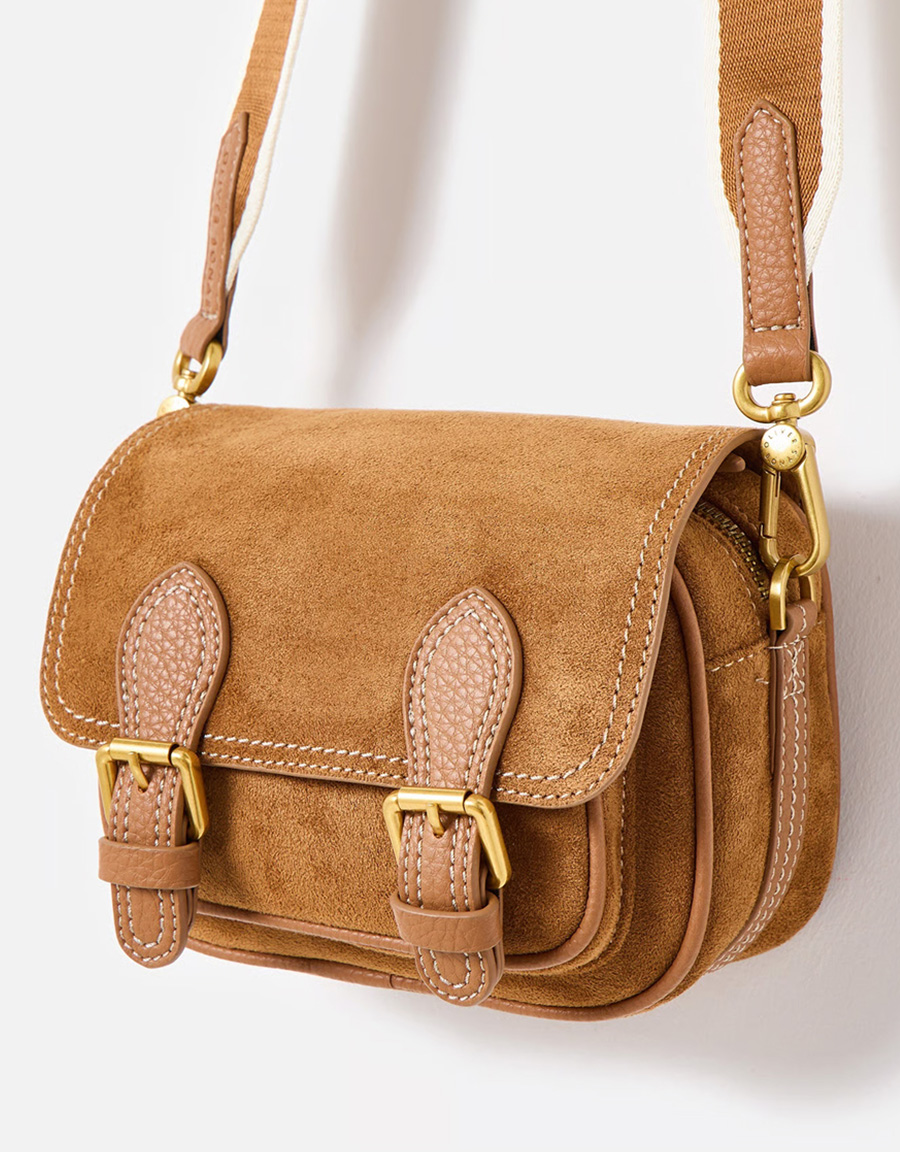 Freya Camel Brown Double Buckle Faux Suede Crossbody Bag