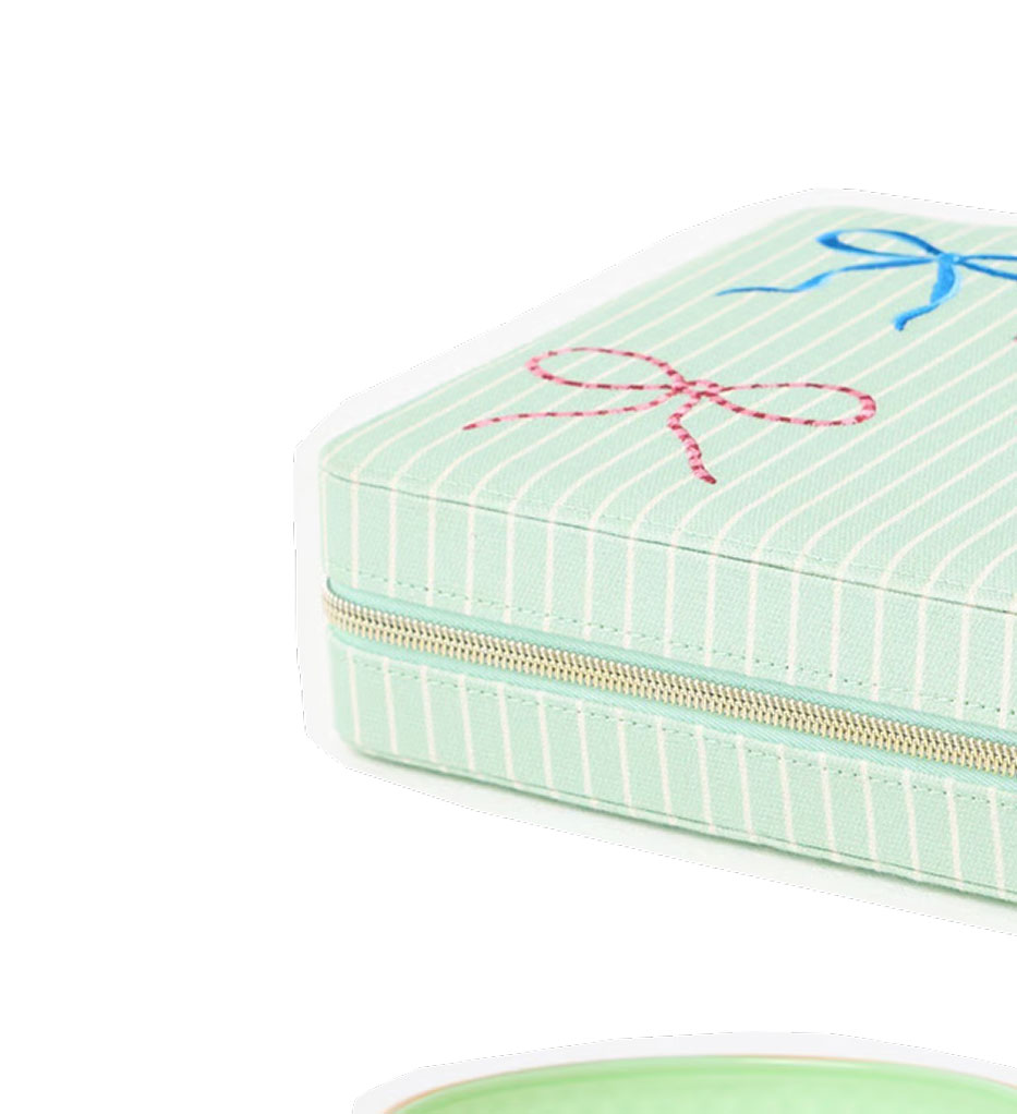 Blue Striped Bow Large Fabric Jewellery Box