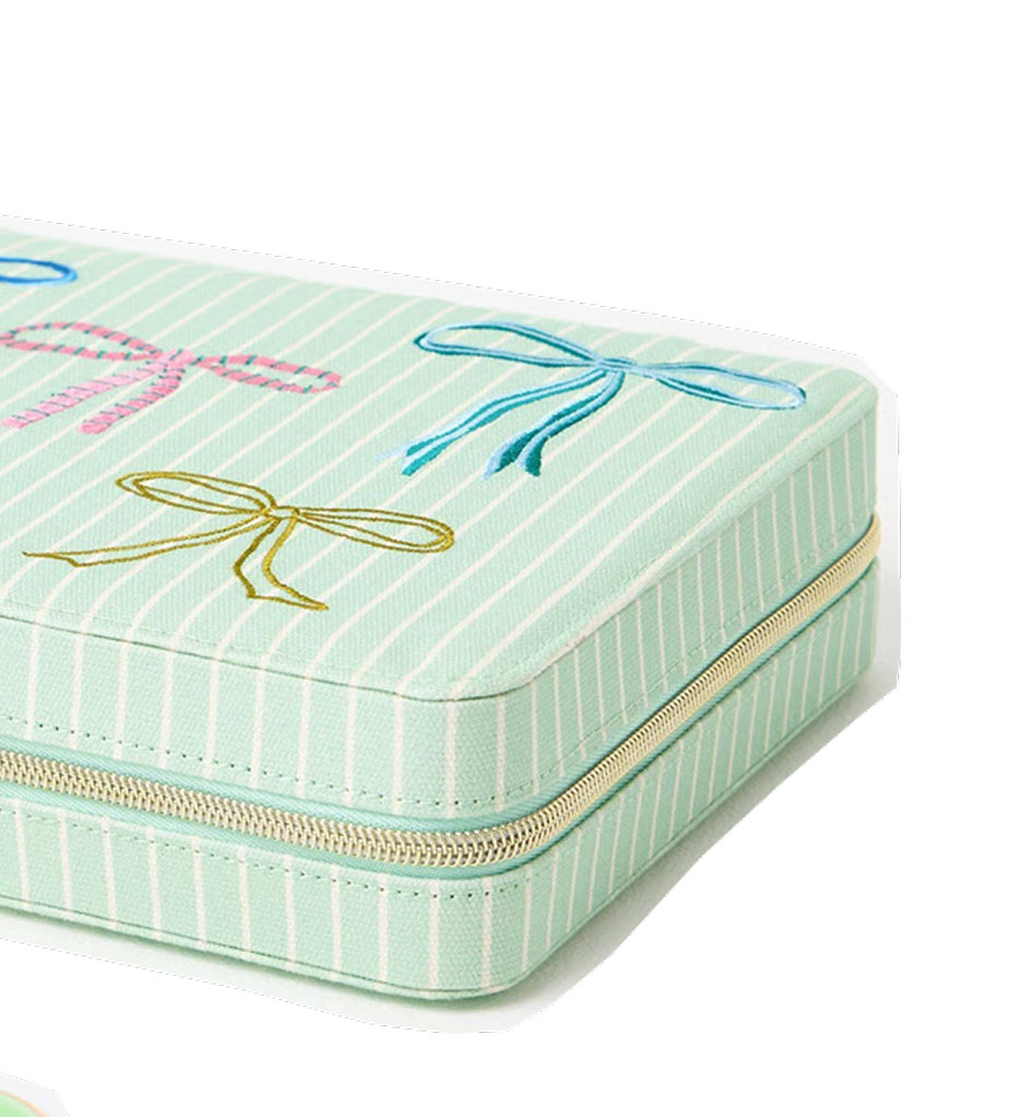 Blue Striped Bow Large Fabric Jewellery Box