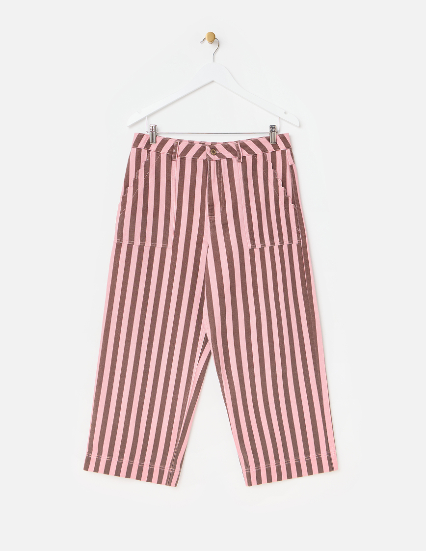 Pink & Brown Striped Scalloped Pocket Cropped Wide Leg Jeans