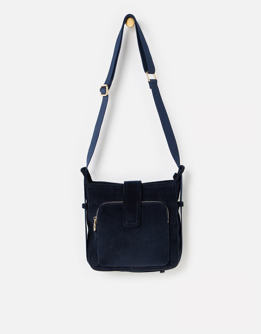 Dotty Navy Blue Corduroy Fold Over Crossbody Bag