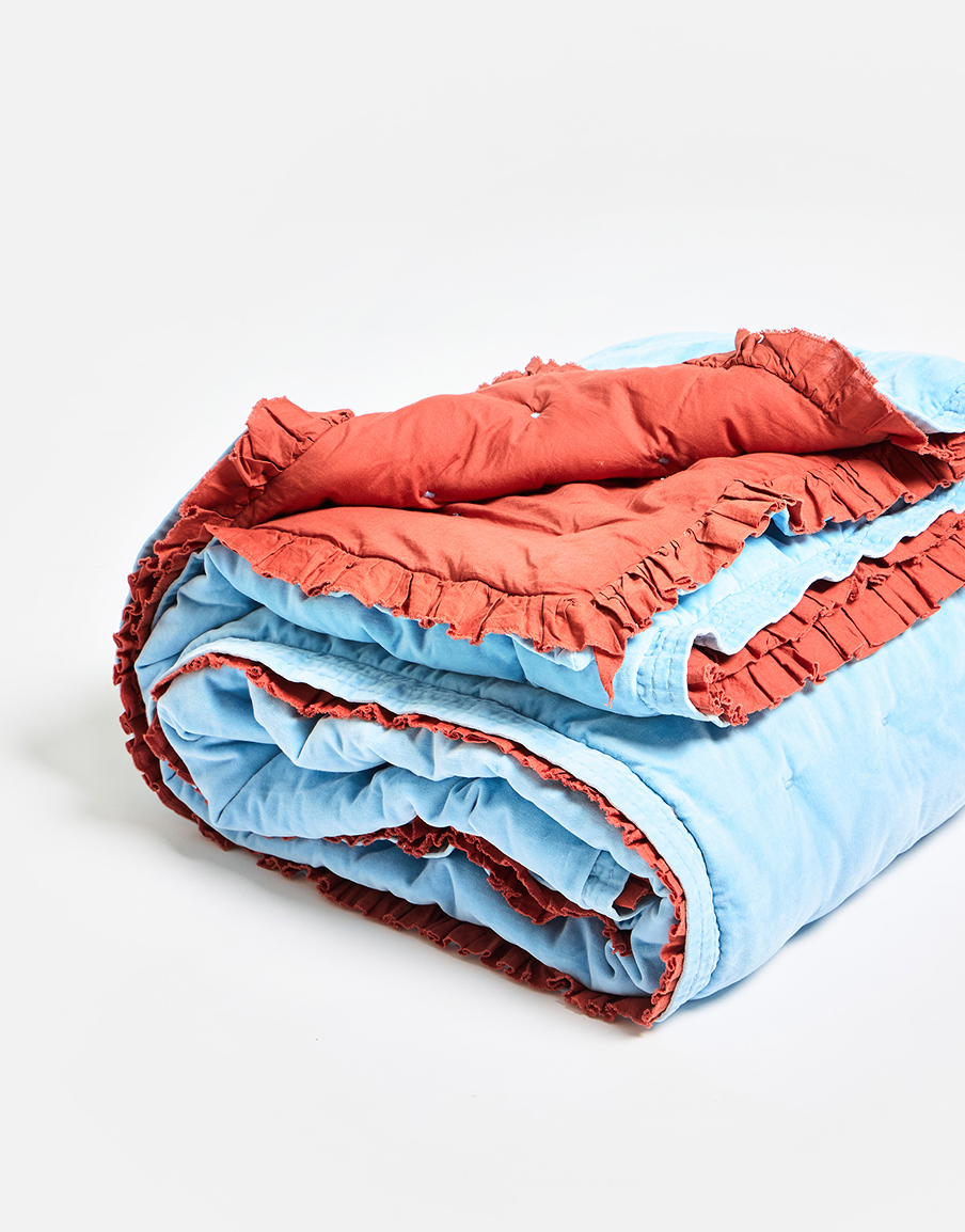 Reversible Blue Velvet Frill Quilted Quilt