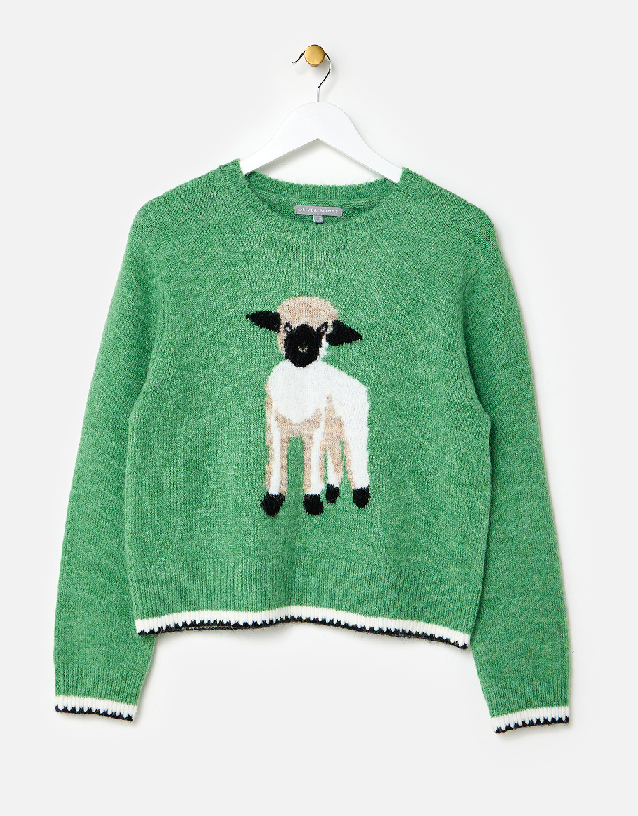 Green Sheep Crew Neck Knitted Jumper