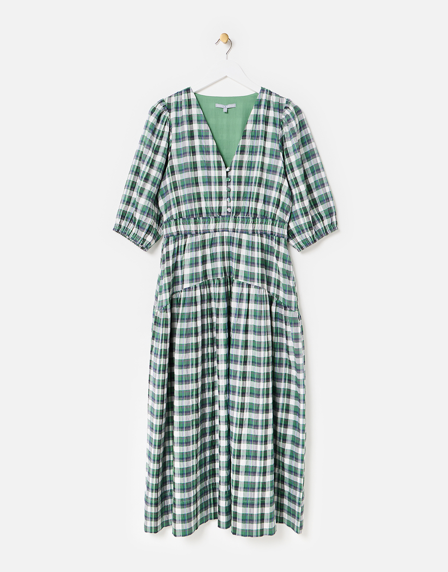 Green Checked V-Neck Puff Sleeve Midi Dress