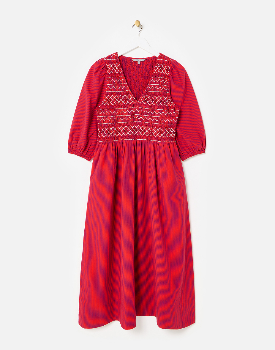 Red & Purple Striped Shirred Bodice V-Neck Midi Dress