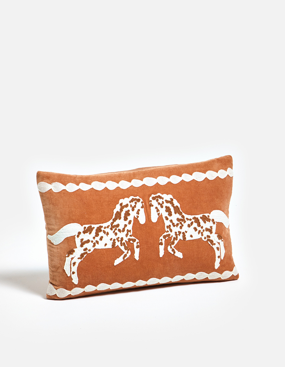 Brown & Cream Embroidered Horse Velvet Cushion Cover 30x50cm