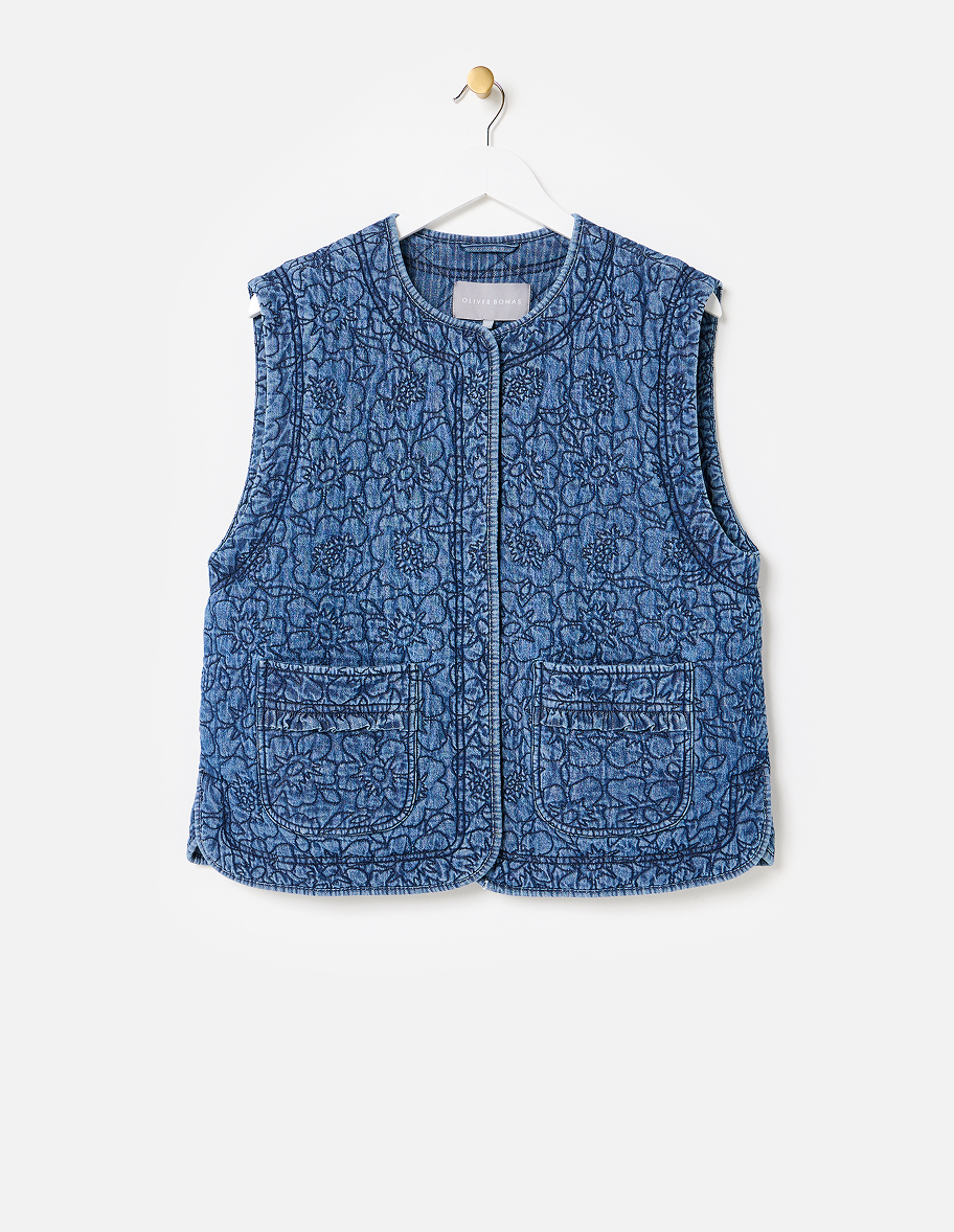 Blue Denim Floral Quilted Gilet