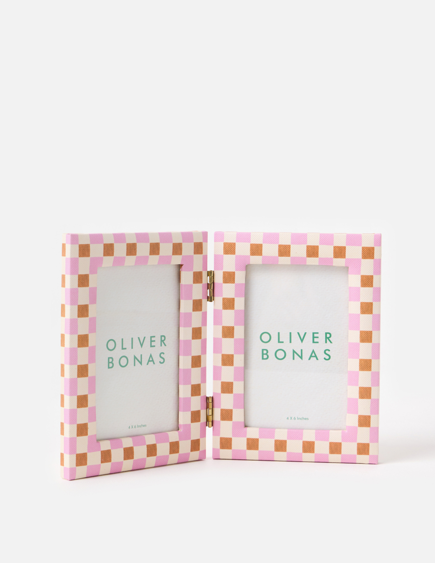 Agnes Burnt Orange & Pink Check Double Picture Frame 4x6