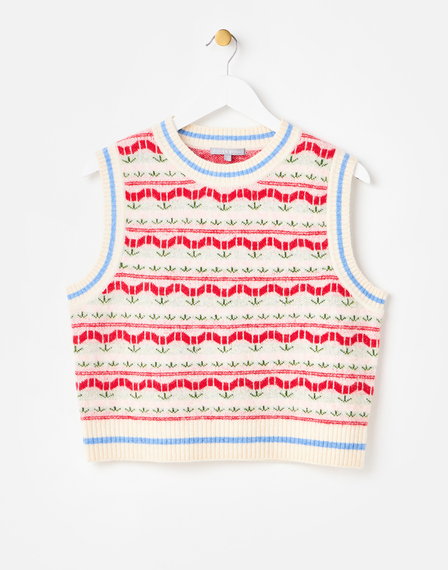 Red & White Striped Knitted Triangle Scarf