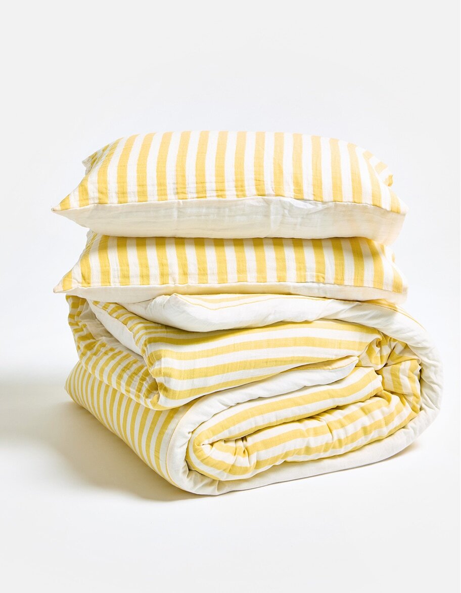 Yellow Muslin Striped Duvet Cover Set Double