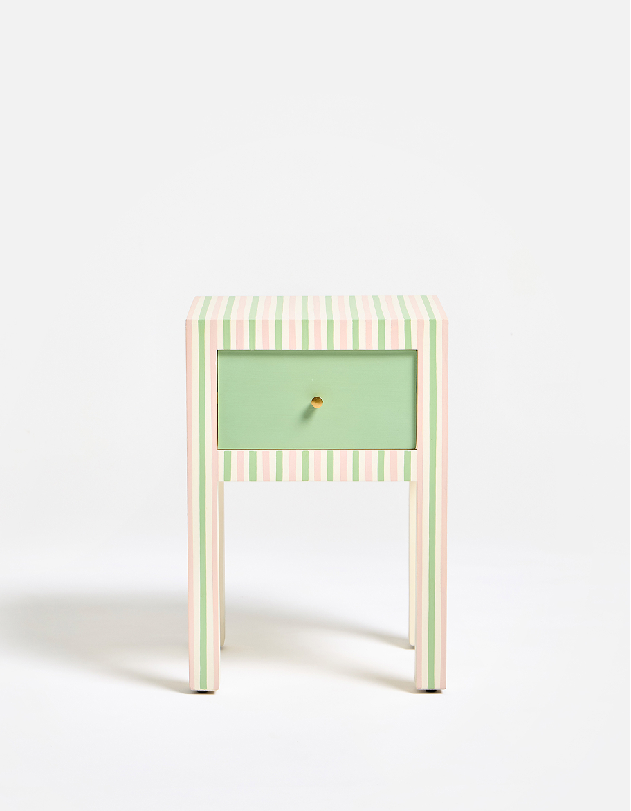 Pink & Green Striped Wooden Bedside Table