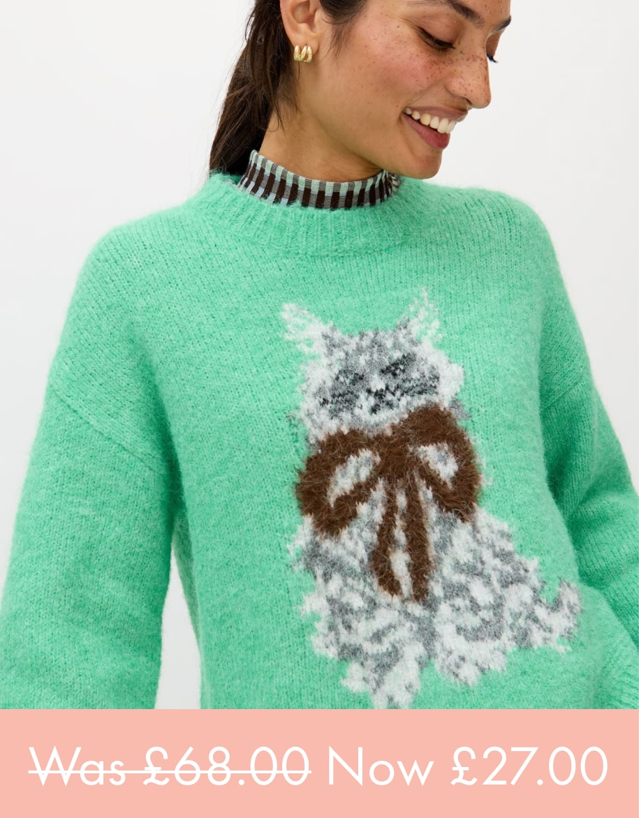 Green Cuthbert Cat Crew Neck Knitted Jumper