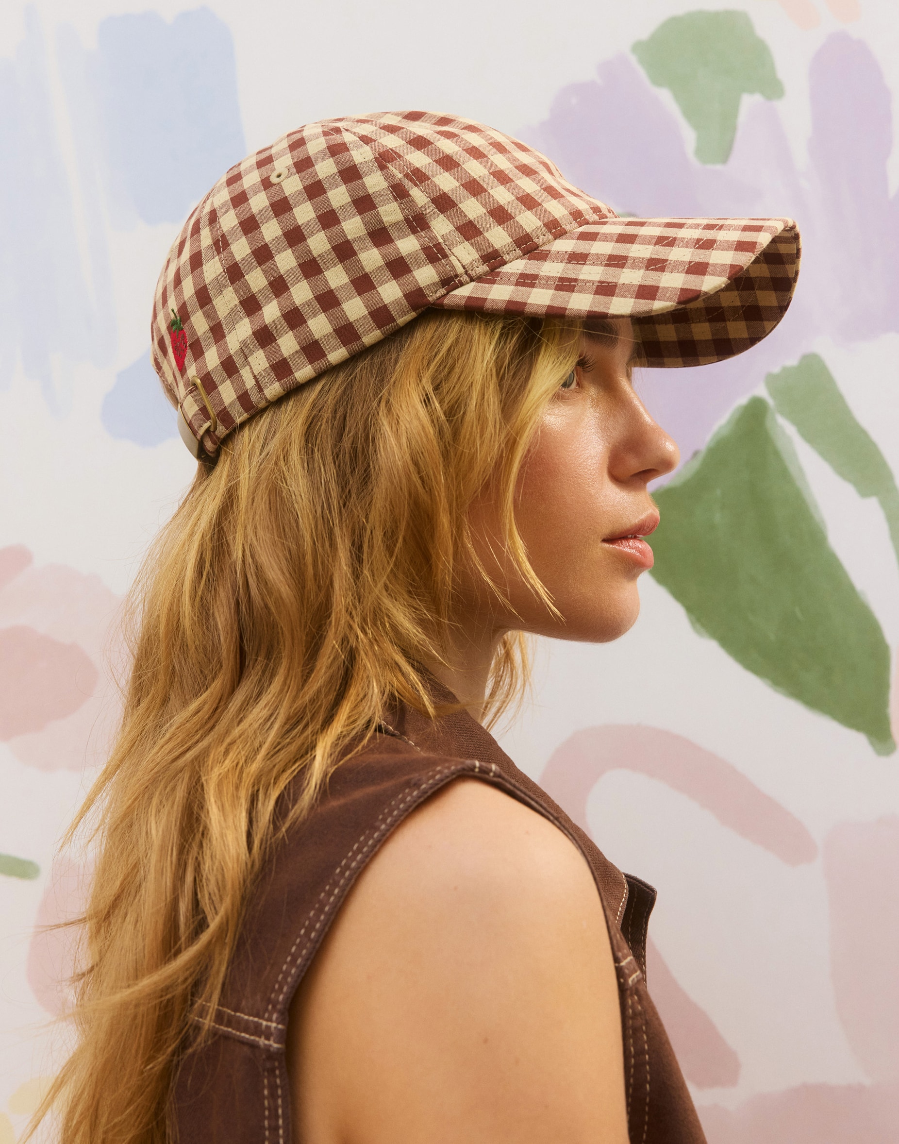 Brown Gingham Cap Hat with Strawberry Motif