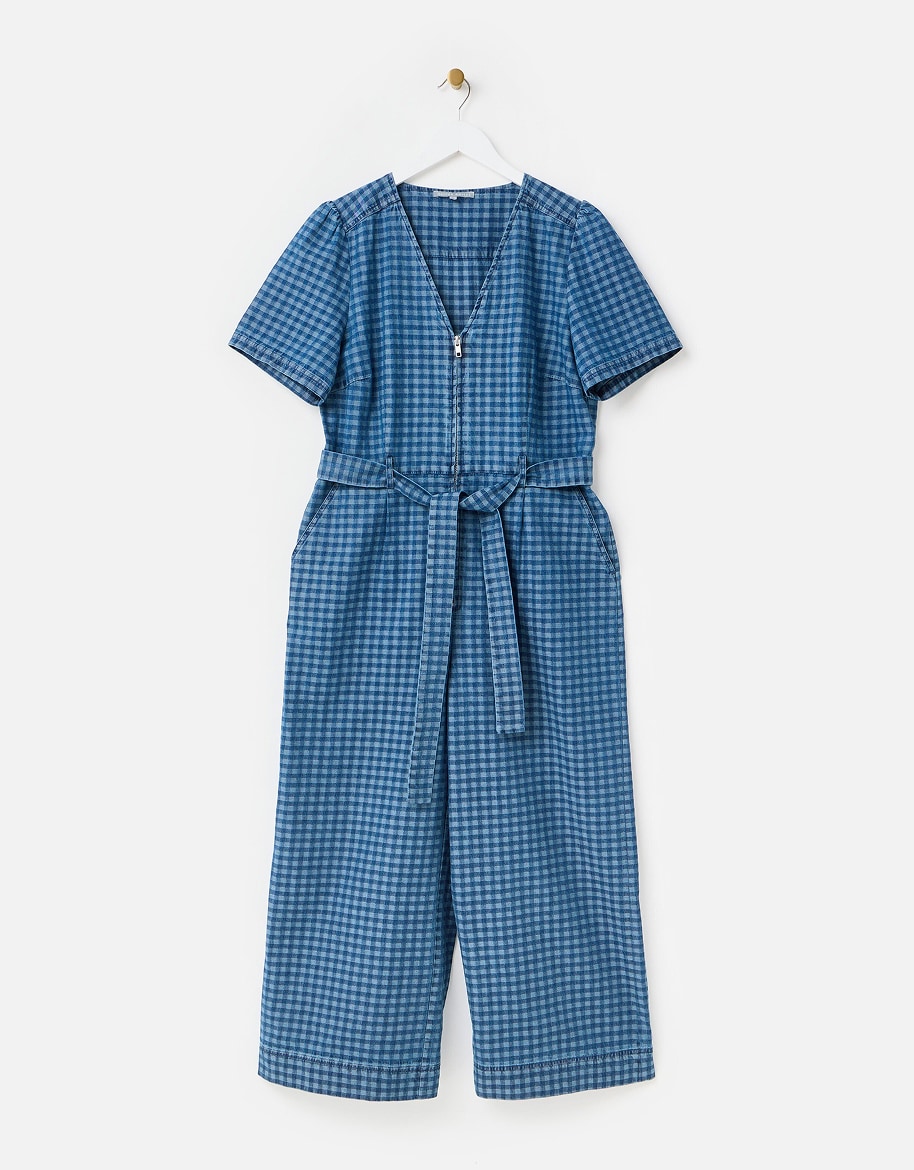 Blue Denim Gingham Cropped Wide Leg Jumpsuit