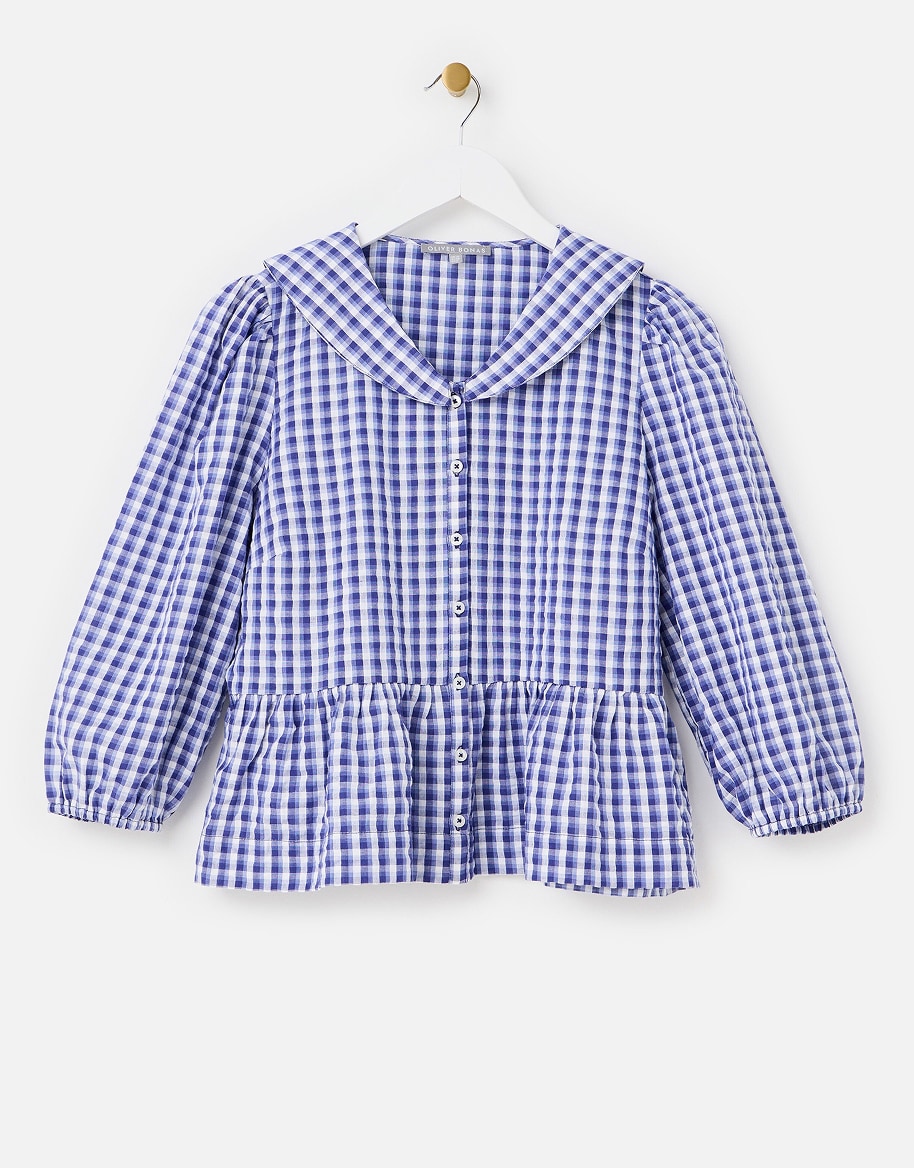 Blue & White Gingham Sailor Collar Cotton Peplum Blouse
