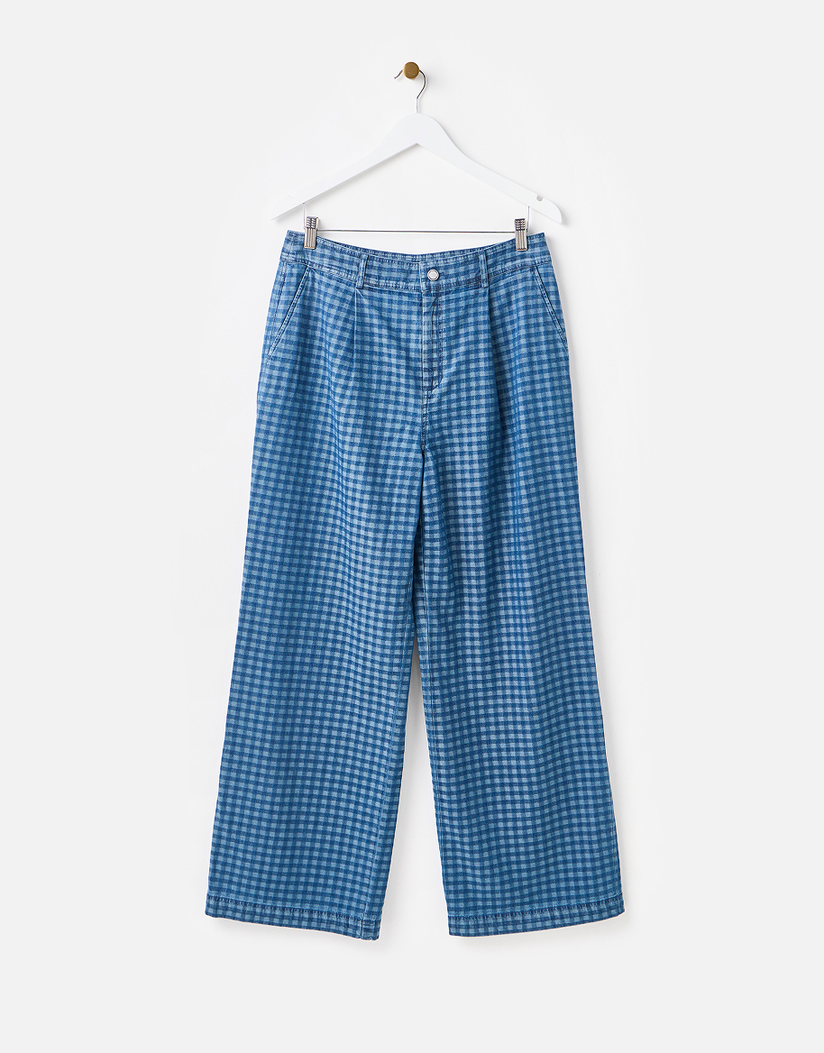 Blue Denim Gingham Wide Leg Jeans