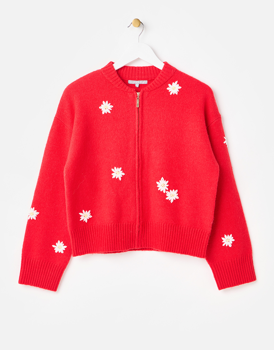 Red Daisy Embroidered Zip Up Knitted Bomber Jacket