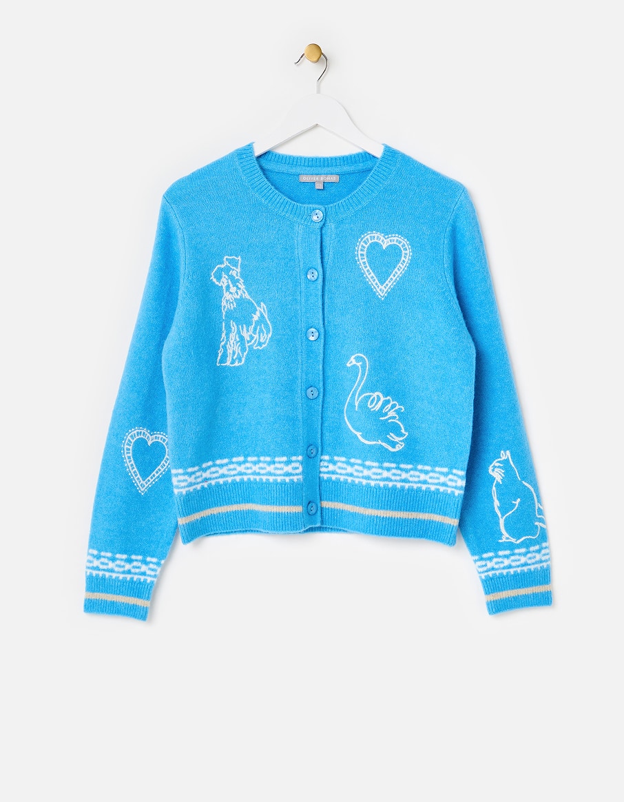 Blue Embroidered Crew Neck Knitted Cardigan