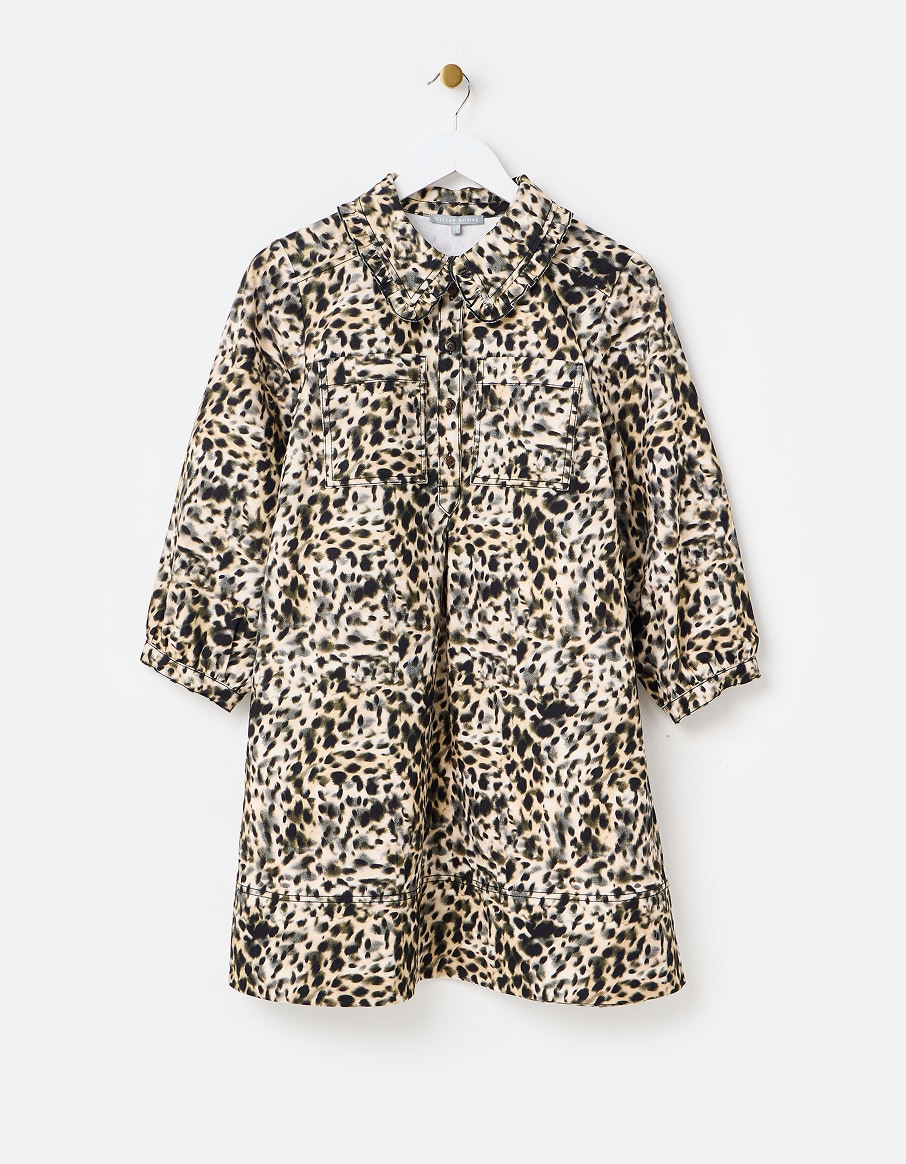 Cream & Black Animal Print Frill Collar Denim Mini Dress