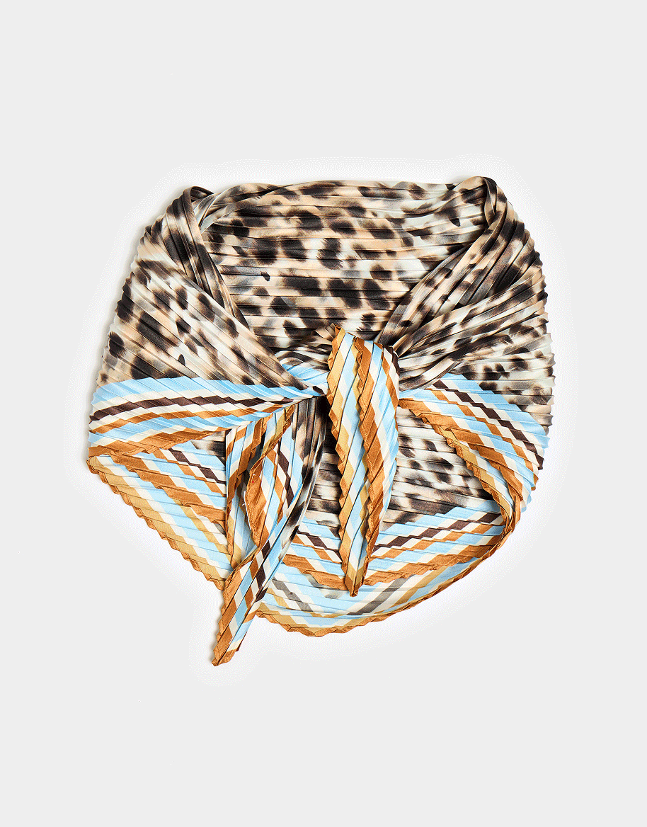Brown Animal Print Pleated Square Scarf