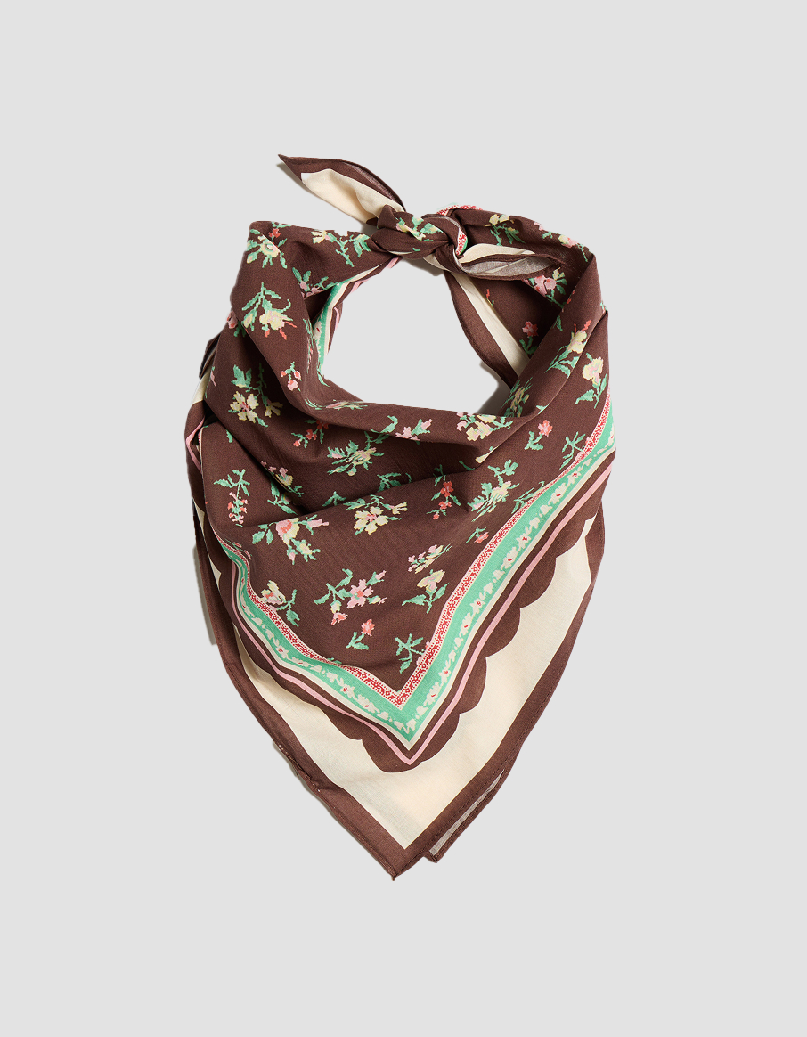 Chocolate Brown & Pink Floral Cotton Square Scarf