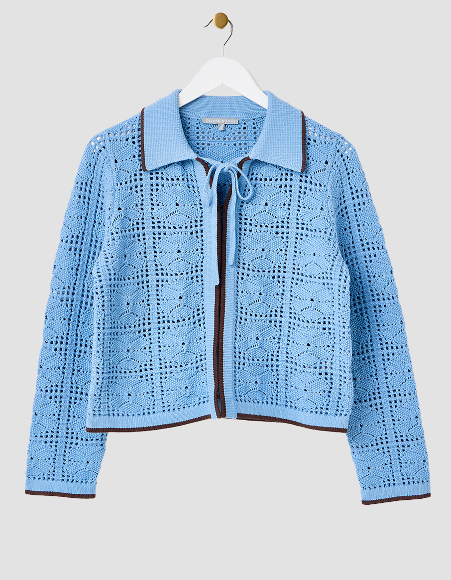 Blue Collared Tie Front Crochet Cardigan