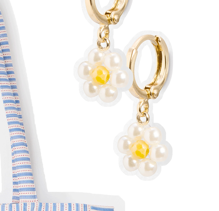 Rosaria Yellow Beaded Faux Pearl Flower Drop Huggie Earrings