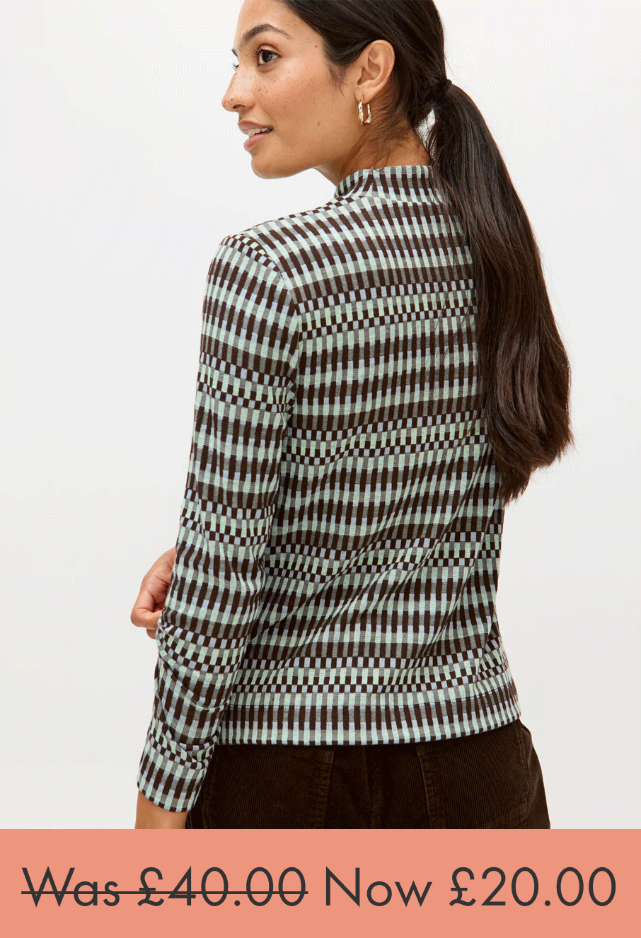 Chocolate Brown Checked Fitted Long Sleeve Top