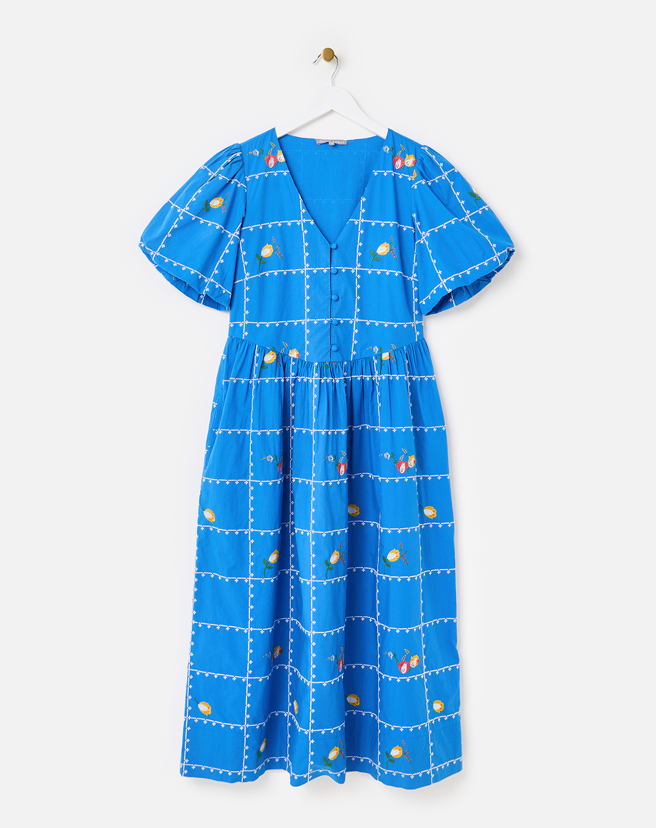 Cobalt Blue Floral Embroidered Puff Sleeve Midi Dress