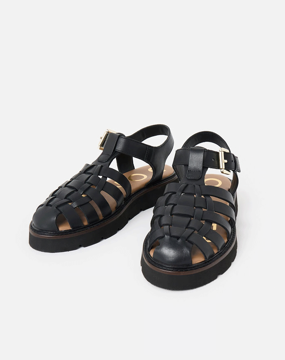 Black Leather Weave Fisherman Sandals