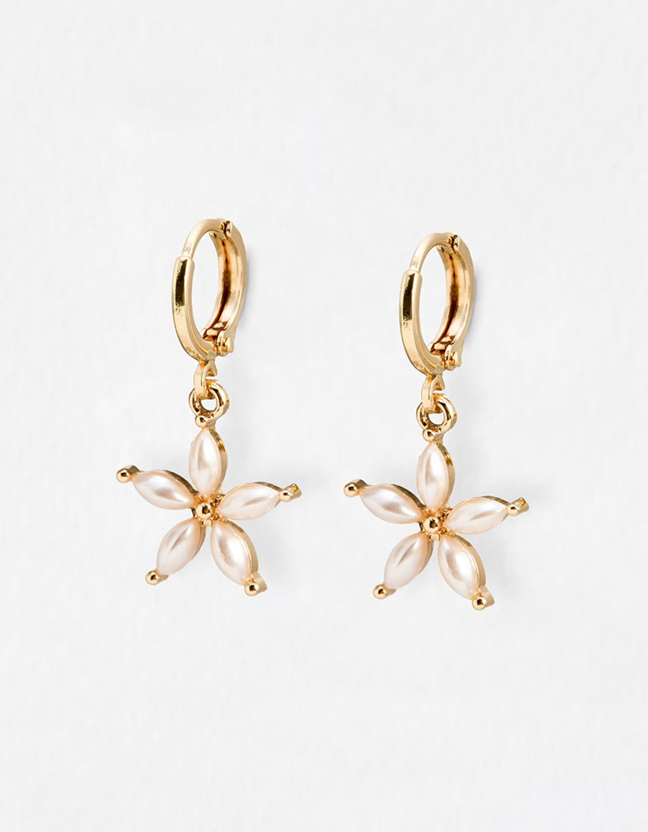 Herba Faux Pearl Flower Drop Huggie Earrings