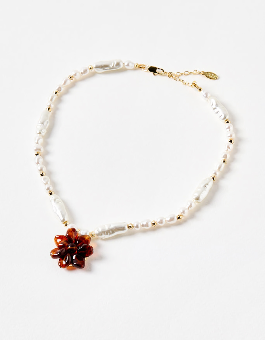 Tess Brown Beaded Flower Faux Pearl Necklace