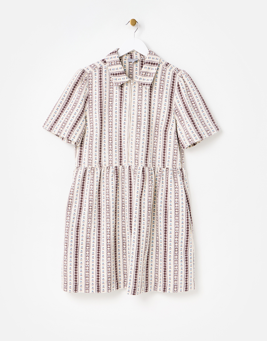 Ecru & Brown Floral Zip Up Denim Mini Dress