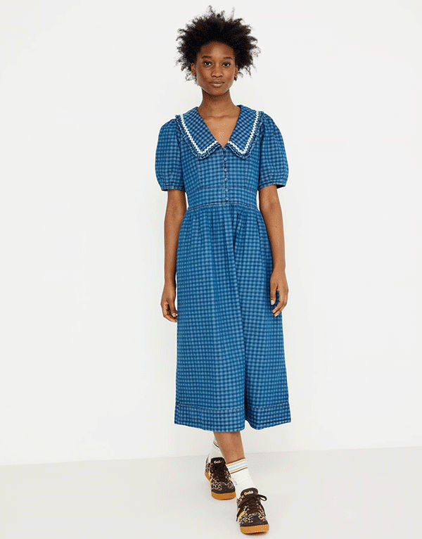 Blue Denim Gingham Collar Midi Dress