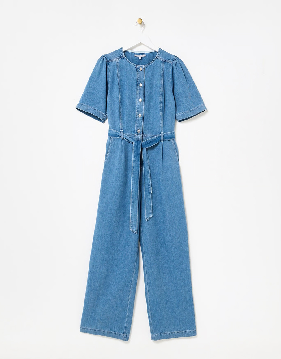 Blue Chambray Short Sleeve Tie Waist Jumpsuit