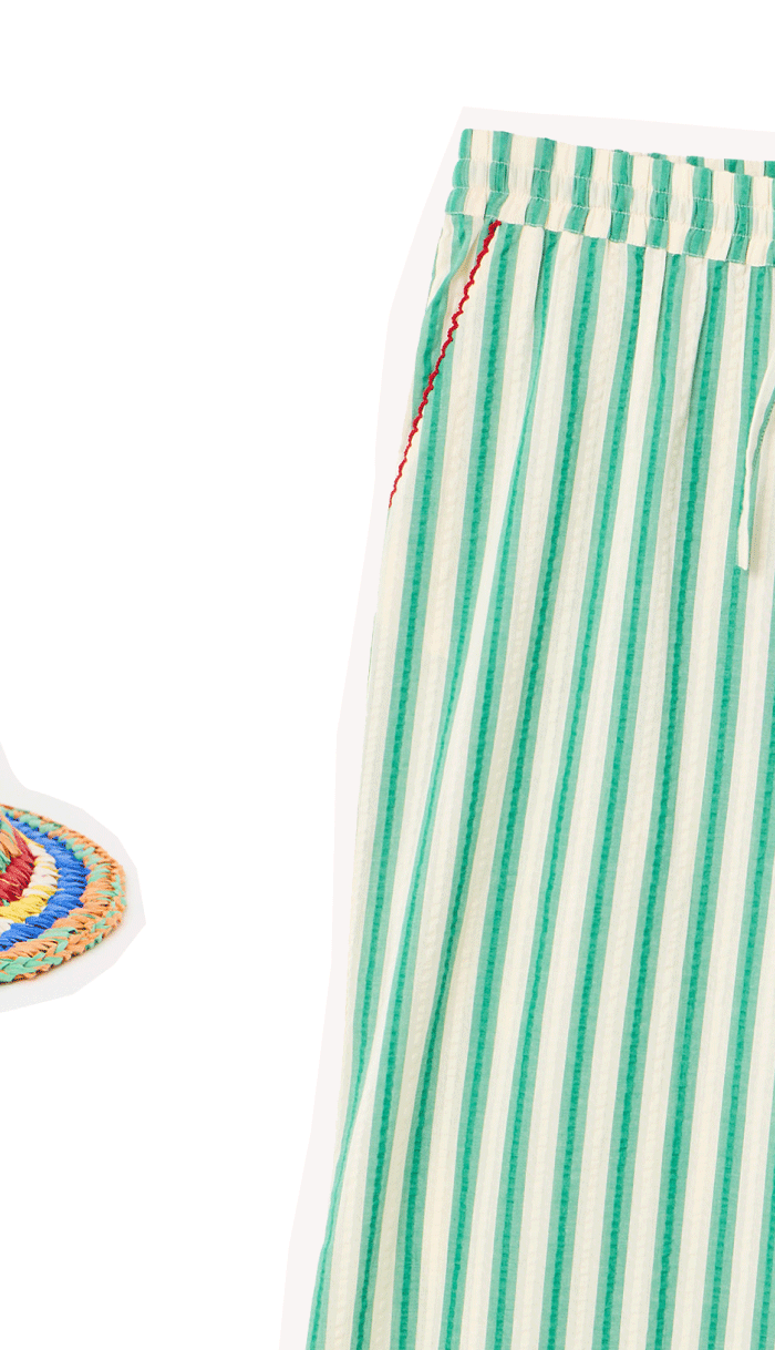 Green & Cream Striped Embroidered Hem Cropped Wide Leg Trousers