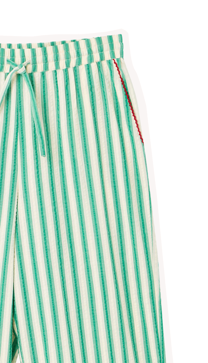 Green & Cream Striped Embroidered Hem Cropped Wide Leg Trousers