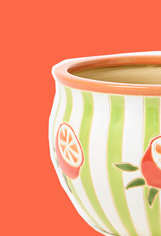 Green Striped Orange Ceramic Plant Pot
