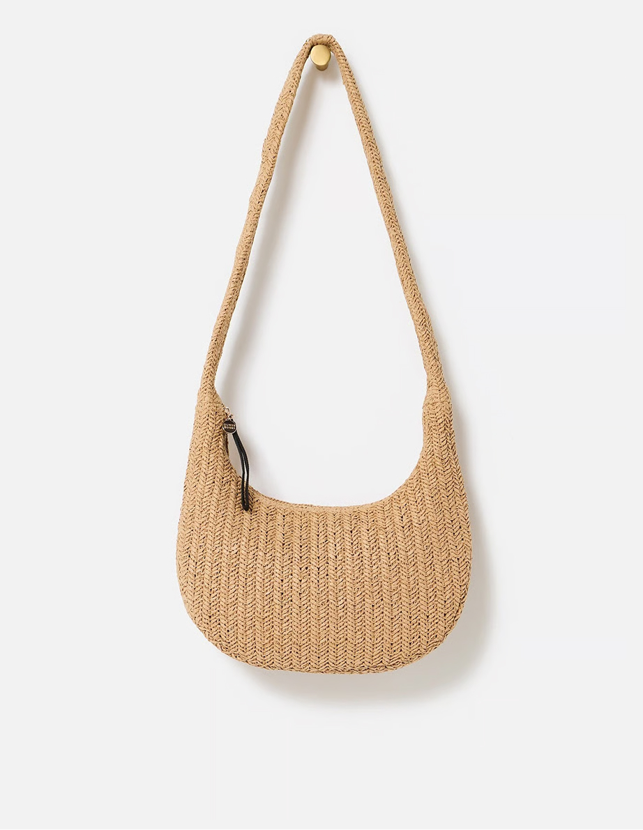 Callie Brown Straw Weave Slouch Sling Bag