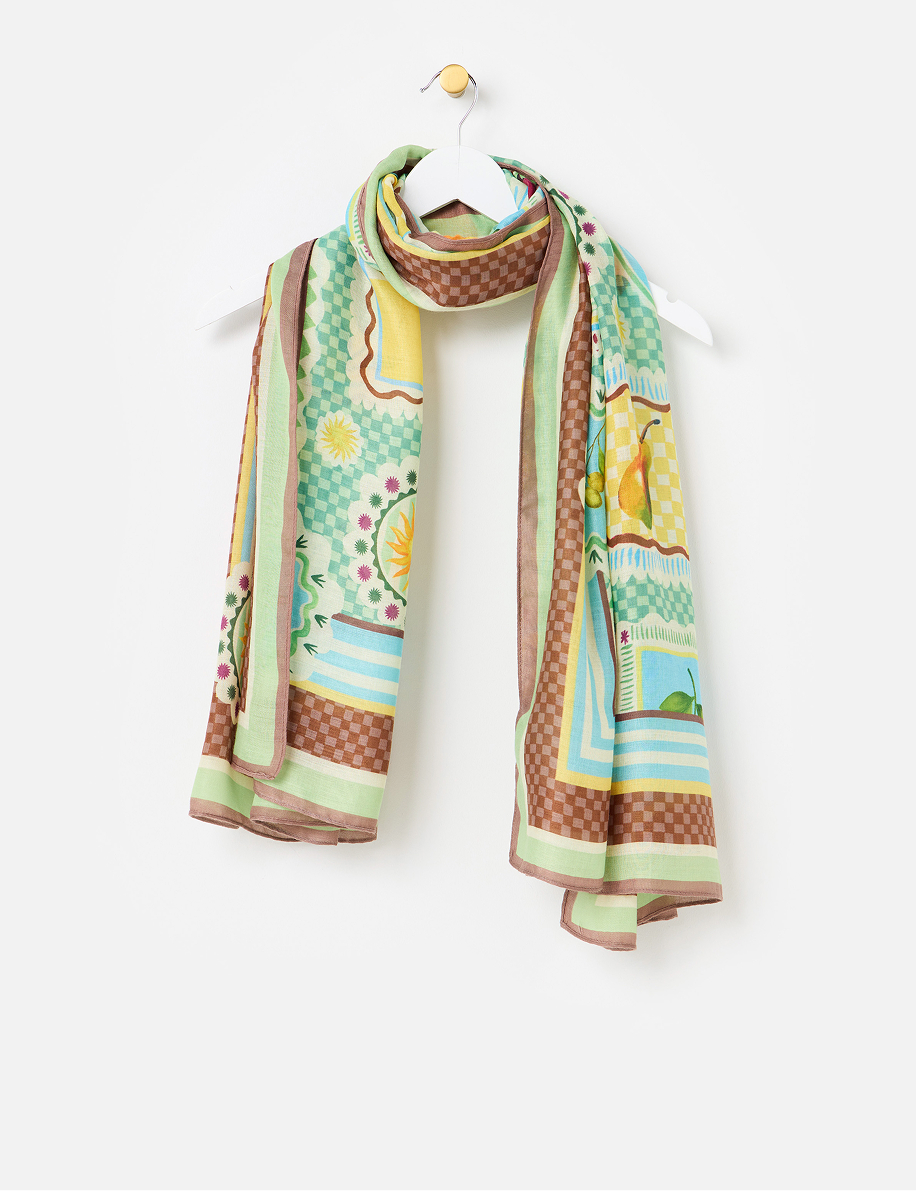 Green & Brown Fruit Badge Print Lightweight Scarf