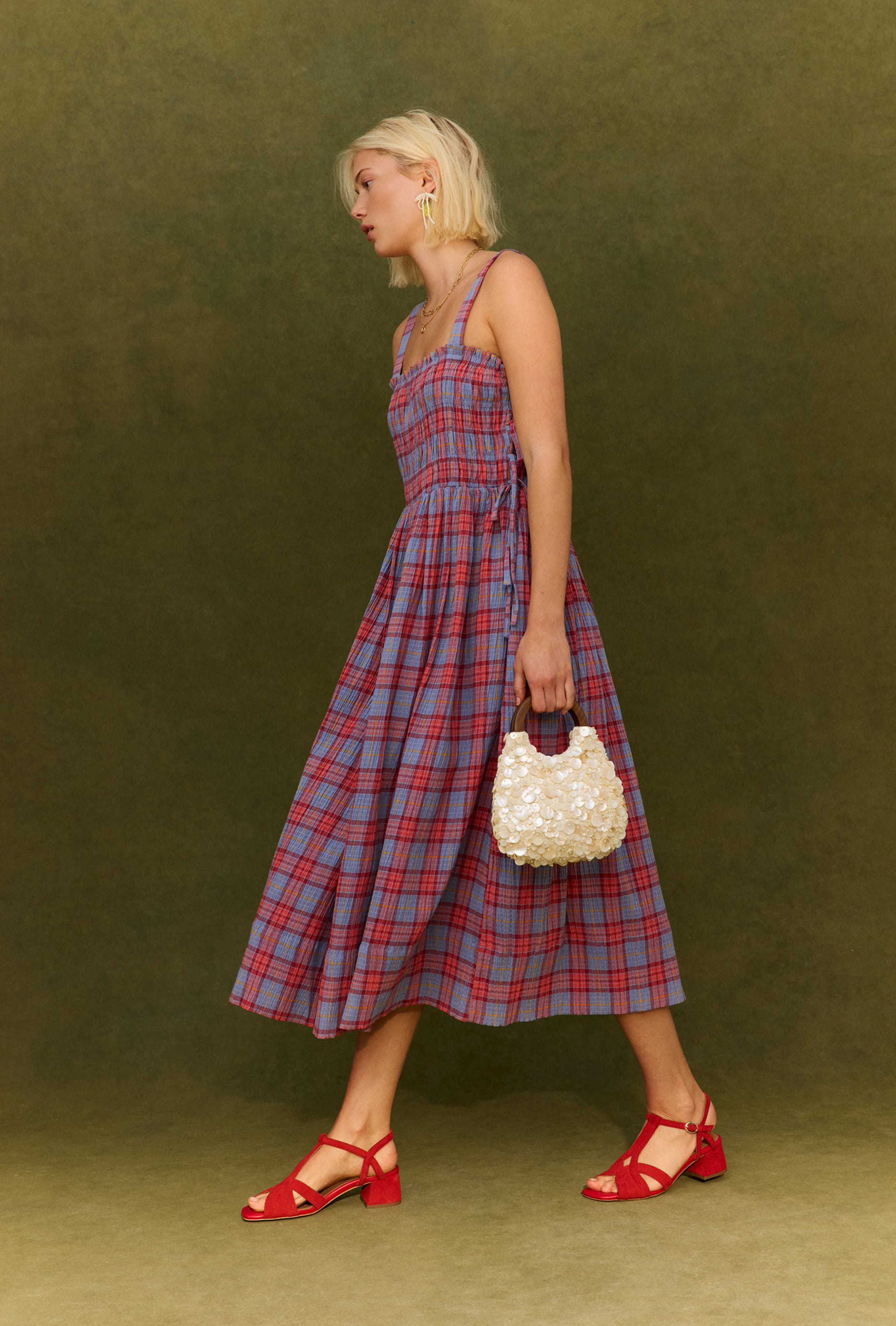 Blue & Red Checked Strappy Midi Dress