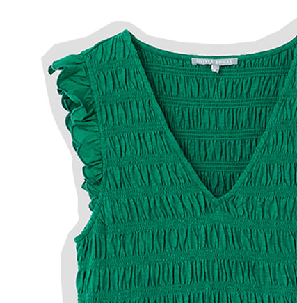 Green Shirred Bodice V-Neck Sleeveless Midi Dress