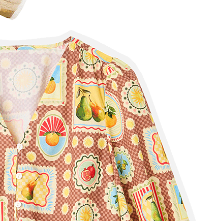 Brown Postcard Print V-Neck Button Up Blouse