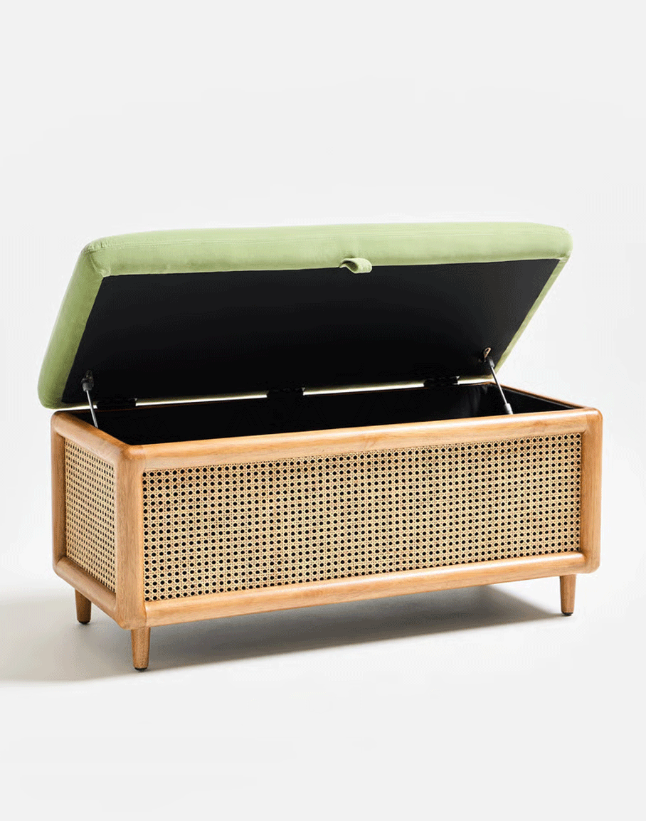 Loha Light Green Velvet & Rattan Ottoman
